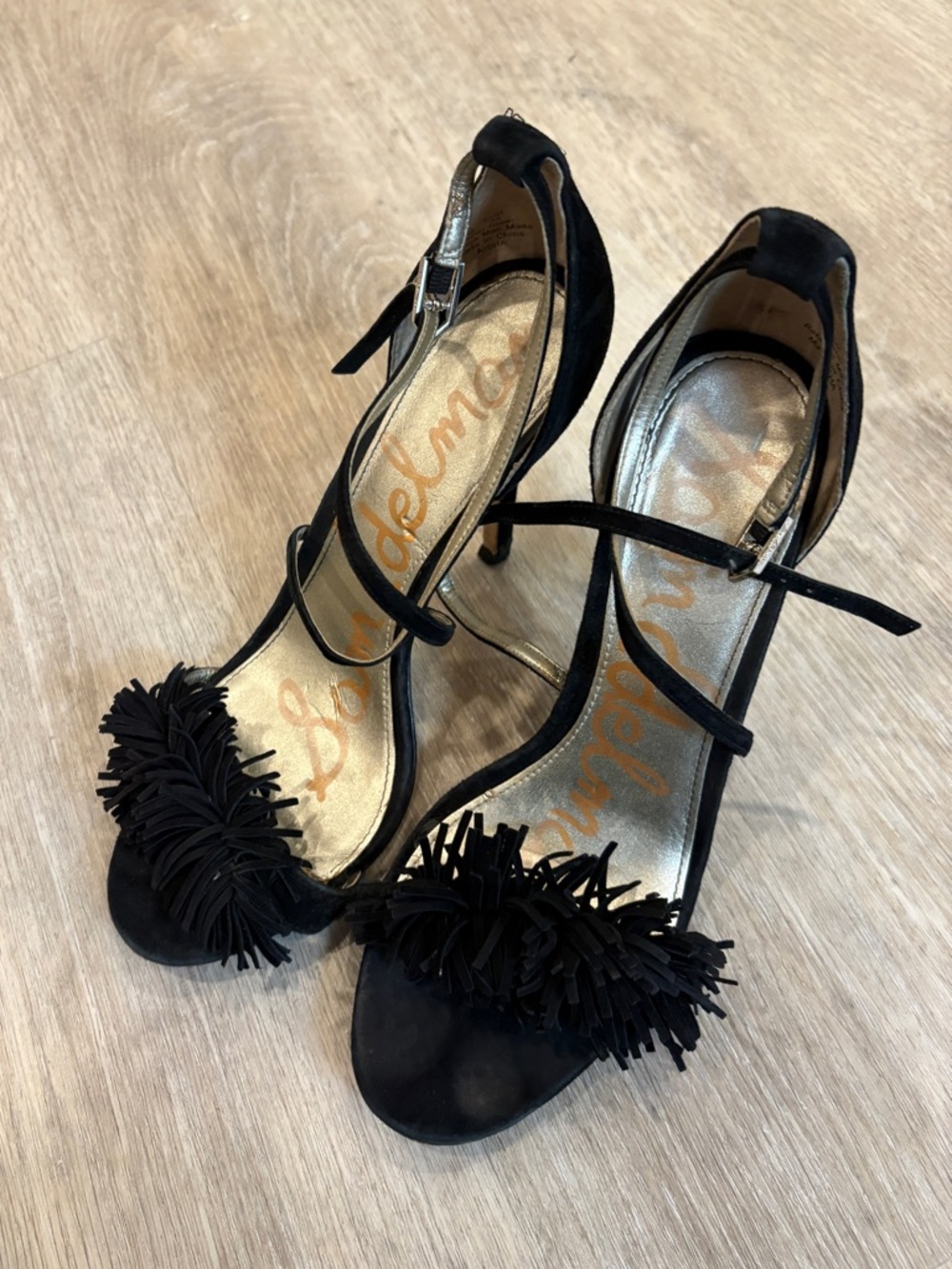 Sam Edelman Black Suede Fringe Ankle-Strap Heels with Cross Straps